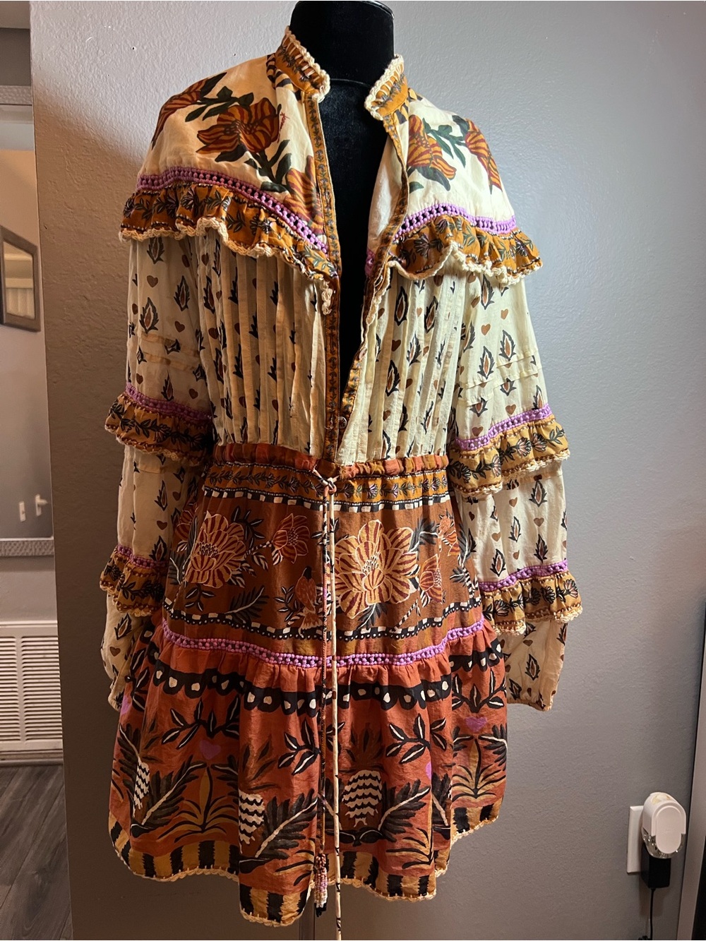 FARM Rio Cream and Brown Floral Tiered Mini Dress with Purple Accents - Picture 2 of 5